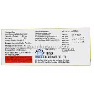 バルニトリップ-0.5, バレニクリン0.5mg, 製造元：Tripada Healthcare, 箱情報, 製造日, 消費期限
