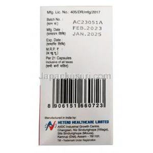 ピクリブ, パルボシクリブ 125mg, 21カプセル, 製造元：Hetero Drugs Ltd,箱情報, 製造日, 消費期限