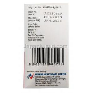 ピクリブ, パルボシクリブ 125mg, 21カプセル, 製造元：Hetero Drugs Ltd,箱情報, 製造日, 消費期限