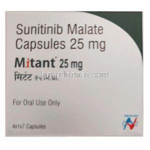 ミタント25mg, スニチニブ 25mg,カプセル,製造元： Hetero Drugs Ltd, 箱表面