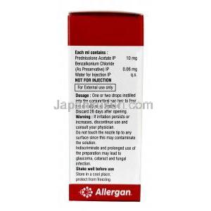 プレドフォルテ点眼薬, プレドニゾロン酢酸エステル 1%, 点眼薬 10mL, 製造元：Allergan, 箱情報, 成分, 注意事項