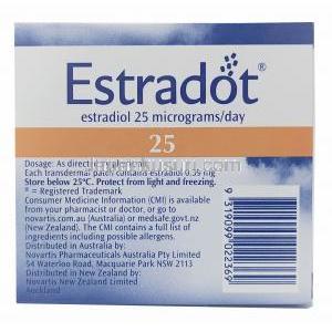 エストラドット 経皮吸収パッチ, エストラジオール,25mcg／日,製造元： Novartis, 箱情報, 保管方法