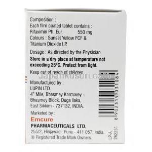 リファクリーン 550, リファキシミン,  550 mg, 製造元：Emcure Pharmaceuticals Ltd, 箱情報, 製造元