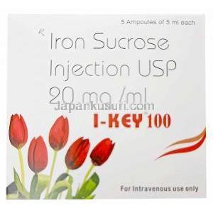 アイキー注射スクロース鉄100mg,注射バイアル 5mL, 製造元：Serum Institute Of India Ltd, 箱表面