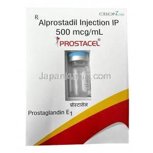 プロスタセル注射, アルプロスタジル 500mcg, 注射バイアル 1mL,製造元：Celon Laboratories Ltd, 箱表面