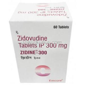 ジディン ジドブジン 300mg, 60錠, 製造元：Emcure Pharmaceuticals Ltd, 箱表面