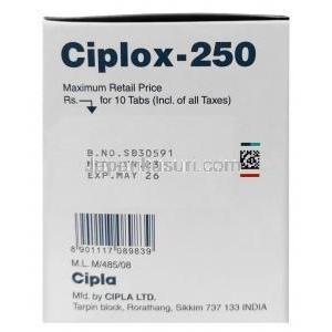 シプロックス, シプロフロキサシン 250 mg, 製造元：Cipla, 箱情報,製造日, 消費期限