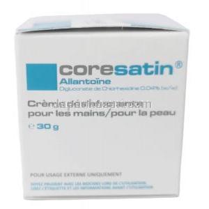 コアサチン ハンド/スキンサニタイジングクリーム,  アラントイン 0.04%w/w,クリーム 30g, 製造元：Corena Pharmaceuticals, 箱情報, 成分