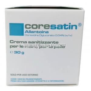 コアサチン ハンド/スキンサニタイジングクリーム,  アラントイン 0.04%w/w,クリーム 30g, 製造元：Corena Pharmaceuticals, 箱側面