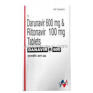 ダナビル R,ダルナビル 600mg/ リトナビル 100mg 60 錠,製造元：Hetero Drugs Ltd, 箱表面