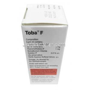トバ F 点眼/点耳薬, トブラマイシン 0.3% w/v/ フルオロメトロン 0.1% w/v,点眼/点耳薬 5mL,製造元：Sun Pharmaceutical Industries, 箱情報, 成分