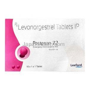 ポストポーン 72, レボノルゲストレル 1.5mg, 1錠, 製造元：Leeford healthcare, 箱表面