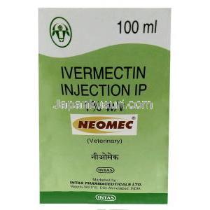 ネオメック 注射, イベルメクチン 1%, 注射バイアル 100mL, 製造元： Intas Pharmaceuticals Ltd,箱表面