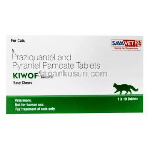 キウォフイージーチュウ猫用, プラジカンテル 20mg/ パモ酸ピランテル 230mg,箱表面