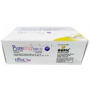 ピュアトリグ ドライバイアル（注射用粉末), ヒト絨毛性ゴナドトロピン (hCG)5000 IU, 製造元：Gufic Bioscience Ltd, 箱情報, 製造元