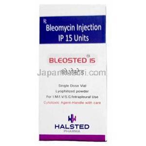 ブレオステッド注射, ブレオマイシン 15 IU, 注射バイアル, 製造元：Halsted Pharma Pvt Ltd, 箱表面