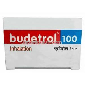 ブデトロール 100 インヘラー, ホルモテロール 6mcg/ ブデソニド 100mcg 120回分 インヘラー, 製造元：Macleods Pharmaceuticals Ltd, 箱表面