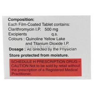 マクラー 500, クラリスロマイシン500mg, 製造元：Glenmark,箱情報, 注意事項, 成分