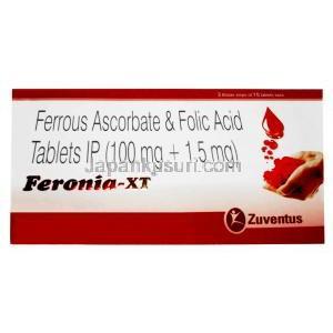 フェロニア XT, アスコルビン酸第一鉄 (鉄 100mg 相当)/ 葉酸 1.5mg, 製造元：Zuventus Healthcare, 箱表面