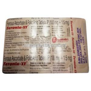 フェロニア XT, アスコルビン酸第一鉄 (鉄 100mg 相当)/ 葉酸 1.5mg, 製造元：Zuventus Healthcare, シート情報