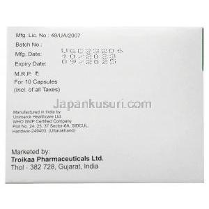 トロイコン,イトラコナゾール 200mg, 製造元：Troikaa Pharmaceuticals, カプセル, 箱情報, 製造日, 消費期限