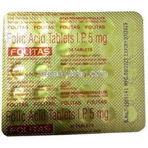 フォリタス,葉酸 5mg,製造元： Intas Pharmaceuticals Ltd, シート情報