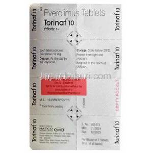 トリナット, エベロリムス 10mg, 7錠, 製造元：Natco Pharma, シート情報