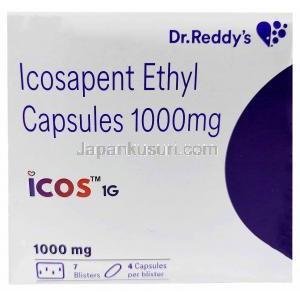イコス, イコサペント酸エチル 1000 mg, 28 カプセル,製造元：Dr Reddy's Laboratories Ltd, 箱側面