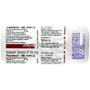 タダクト 20, タダラフィル 20 mg, 製造元：Ipca Laboratories, シート情報