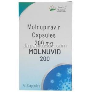 モルヌビッド, モルヌピラビル 200 mg, 40 カプセル,製造元：Healing Pharma India Pvt Ltd, 箱表面