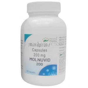 モルヌビッド, モルヌピラビル 200 mg, 40 カプセル,製造元：Healing Pharma India Pvt Ltd, ボトル表面