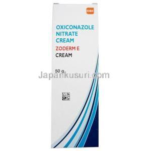 ゾダーム E クリーム, オキシコナゾール 1 % w/w / 安息香酸  0.2 % w/w, クリーム 50 g, 製造元：GSK, 箱表面