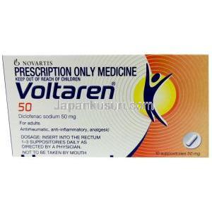 ボルタレン 座薬, ジクロフェナク ナトリウム 50 mg, 10 錠（座薬）, 製造元：Novartis, 箱裏面