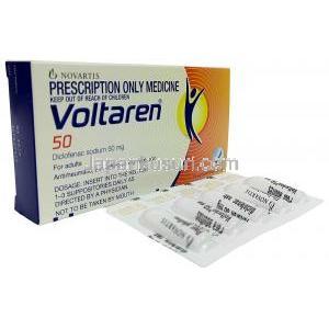 ボルタレン 座薬, ジクロフェナク ナトリウム 50 mg, 10 錠（座薬）, 製造元：Novartis, 箱, パッケージ