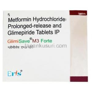 グリミセーブ M3 フォルテ, グリメピリド 3 mg, メトホルミン 1000 mg, 製造元：Eris Lifesciences Ltd, 箱表面