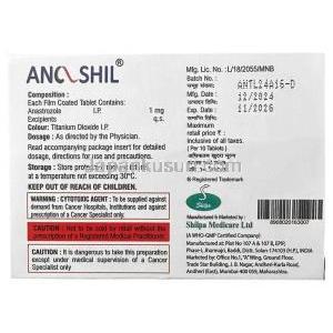 アンシル, アナストロゾール 1 mg, 製造元：Shilpa Medicare Ltd, 箱情報