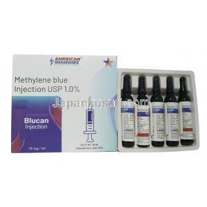 ブルーカン注射, メチレンブルー 1.0%, アンプル 10mL X 5,製造元：American  Remedies, 箱, アンプル