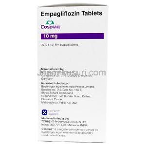 コスピアク,エンパグリフロジン 10mg, 90錠, 製造元：Torrent Pharmaceuticals Ltd,箱情報, 製造元