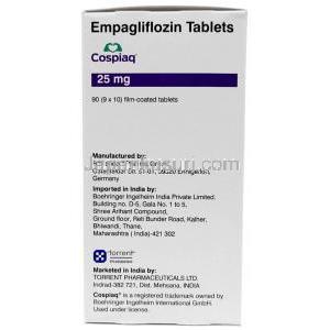 コスピアク,エンパグリフロジン 25mg, 90錠, 製造元：Torrent Pharmaceuticals Ltd,箱情報, 製造元