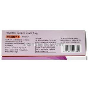 ピバスタ 1, ピタバスタチン 1mg,製造元：Zydus Healthcare, 箱情報, 成分, 注意事項（新包装）