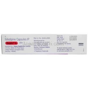 デピン 5, ニフェジピン 5mg, カプセル,製造元： Zydus Cadila, 箱情報