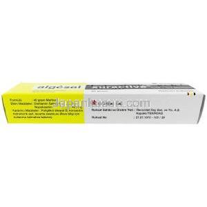 アルゲサル・サーアクティブ軟膏,サリチル酸ジエチルアミン 10%/ ノポキサミン 1%  軟膏 40 g, 製造元：Recordati, 箱底面