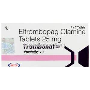 トロンボナット 25, エルトロンボパグ 25 mg, 7 錠, 製造元：Natco Pharma, 箱表面