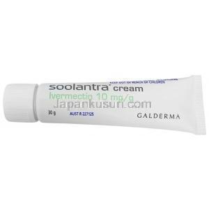 ソーラントラクリーム, イベルメクチン 1%, クリーム 30 g, 製造元：Galderma Australia, チューブ表面