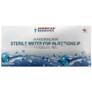 滅菌注射用水 (パイロジェンフリー) 10 mL X 5本, 製造元：American Remedies, 箱表面