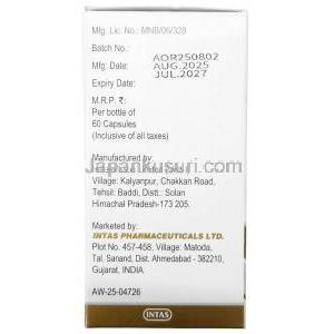アルクロスワン, クリゾチニブ 250 mg, 60カプセル(1ボトル),製造元： Intas Pharmaceuticals Ltd, 箱情報, 製造日, 消費期限