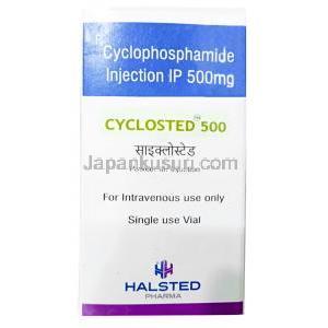 シクロステッド注射, シクロホスファミド 500 mg, 製造元：Halsted Pharma, 箱表面