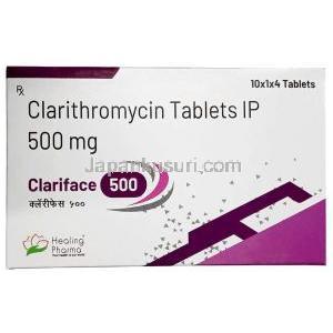 クラリフェイス 500, クラリスロマイシン 500 mg,製造元：Healing Pharma India Pvt Ltd, 箱表面