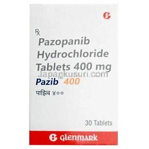 パジブ 400, パゾパニブ 400 mg, 30 錠, 製造元：Glenmark Pharmaceuticals, 箱表面