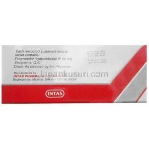 プロバノール SR 60, プロプラノロール 60 mg, 徐放性錠, 製造元：Intas Pharmaceuticals Ltd, 箱情報